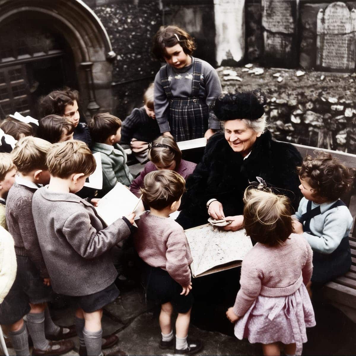 Dr. Maria Montessori with a group of children
